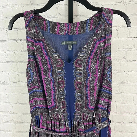 Adrianna Papell Blue and Purple Floral Belted High Low Hemline Dress Size 4 - Picture 4 of 10